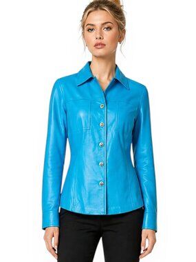 St. John Leather Turquoise Aqua Capri Blue Logo Button Front Jacket NWT New P